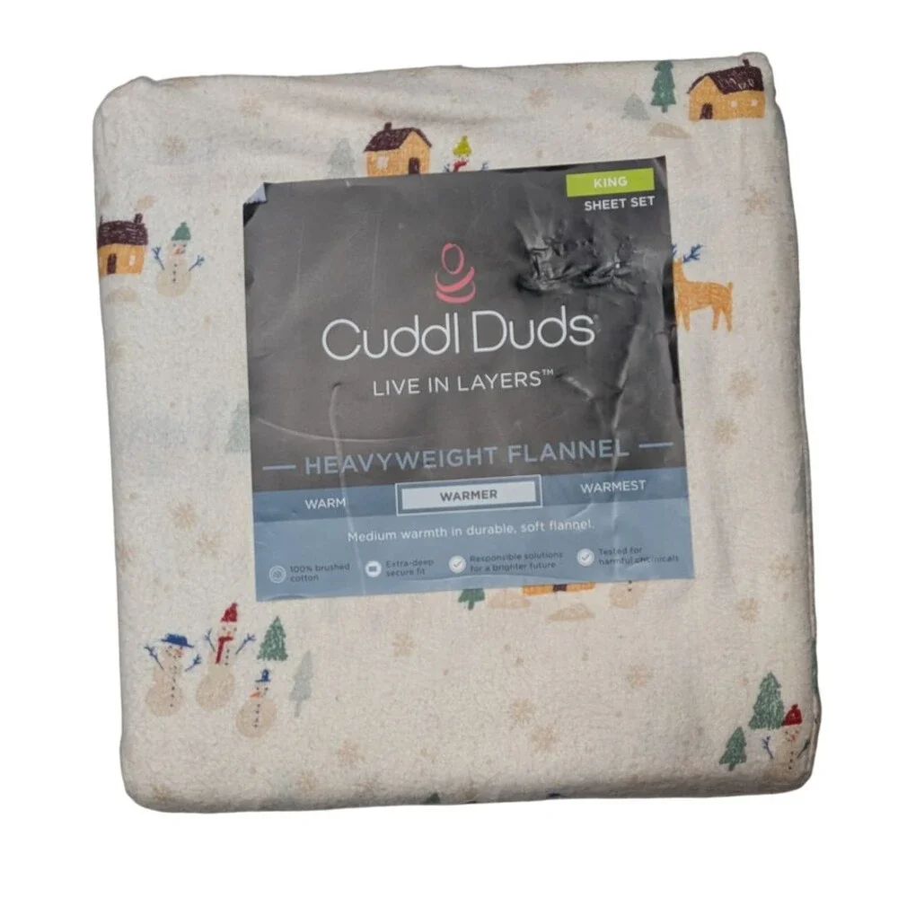 NEW Cuddl Duds King Heavyweight Cotton Flannel Sheet Set Scenic Snowmen
